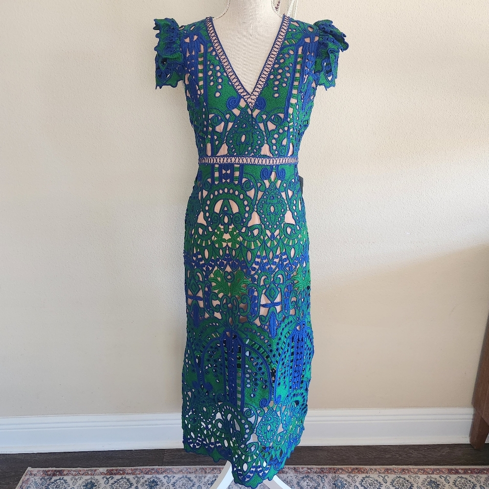Adelyn Rae Womens Adeline Crochet Lace Midi Dress in Blue Emerald Size XS NWT